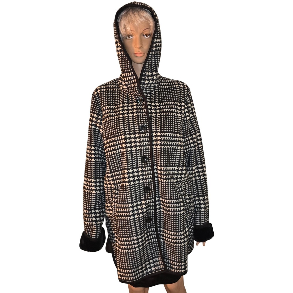 Ike Behar Women's XL Black White Houndstooth Faux Fur Lined Hooded Coat NWT NEW